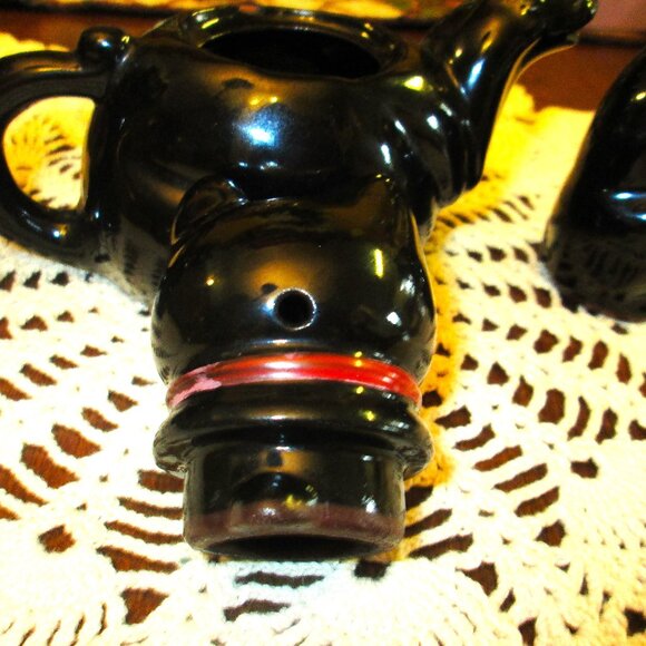 Vtg Shafford Ebony black red bowed cat teapot with salt & pepper black grown cat - Picture 4 of 15